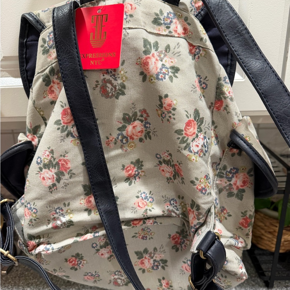 Floral Canvas Drawstring Backpack - Light Blue wi… - image 2